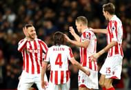 STOKE ON TRENT, ENGLAND - JANUARY 03: Ryan Shawcross (2nd R) of Stoke City celebrates scoring the opening goal with his team mates Marko Arnautovic (1st L), Joe Allen (2nd L) and Peter Crouch (1st R) during the Premier League match between Stoke City and Watford at Bet365 Stadium on January 3, 2017 in Stoke on Trent, England.  (Photo by Clive Brunskill/Getty Images)
